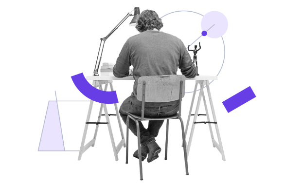 Duotone illustration of a person seated at a softly lit desk with a lamp, rendered in deep navy and pale lavender tones for a calm, professional atmosphere.